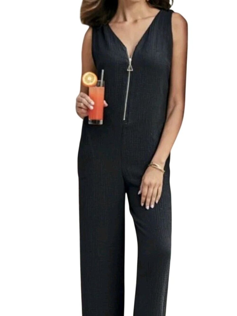 Soft Surroundings Black Gauze Cotton Gold Zip Pocket Wide-leg Jumpsuit Size L